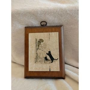 Vintage 1994 Mam Original art wood wall plaque -girl and cat- crackle look